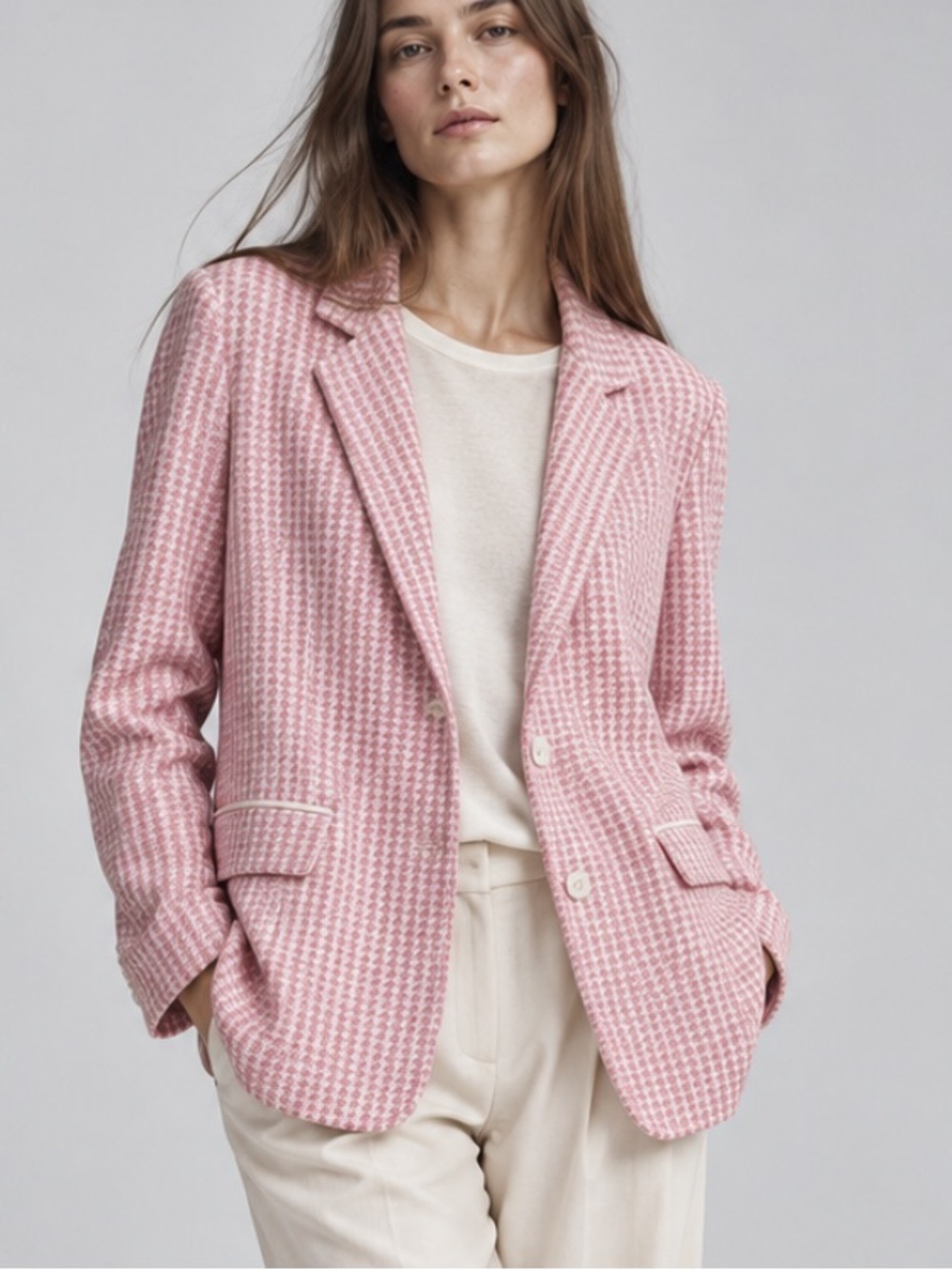 Amina Rubinacci Pink and White Houndstooth Made in Italy Blazer